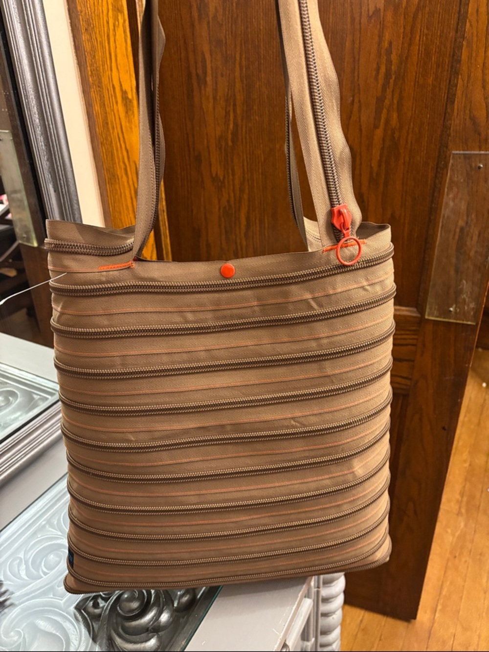Zip-It Large Olive Striped Zipper Detail Shoulder Tote Bag